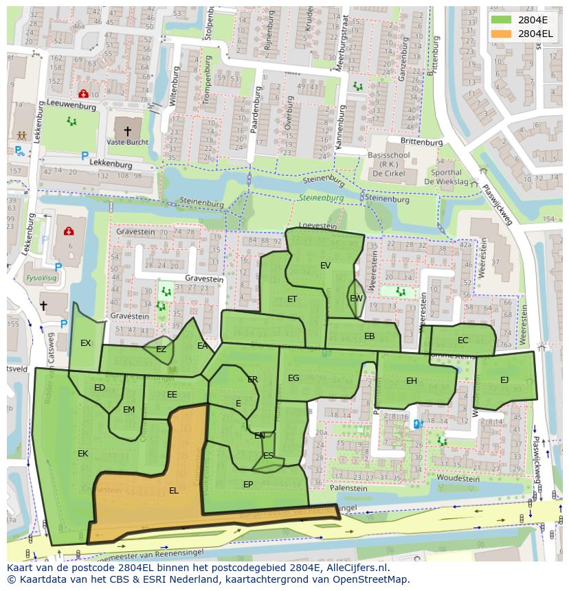 Afbeelding van het postcodegebied 2804 EL op de kaart.