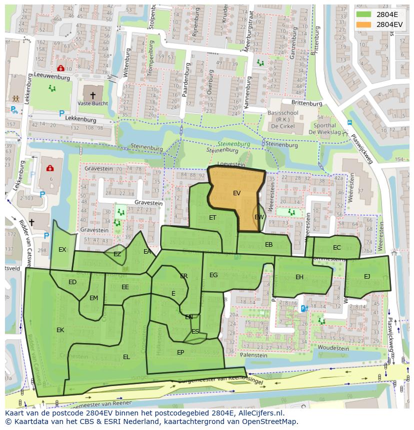 Afbeelding van het postcodegebied 2804 EV op de kaart.