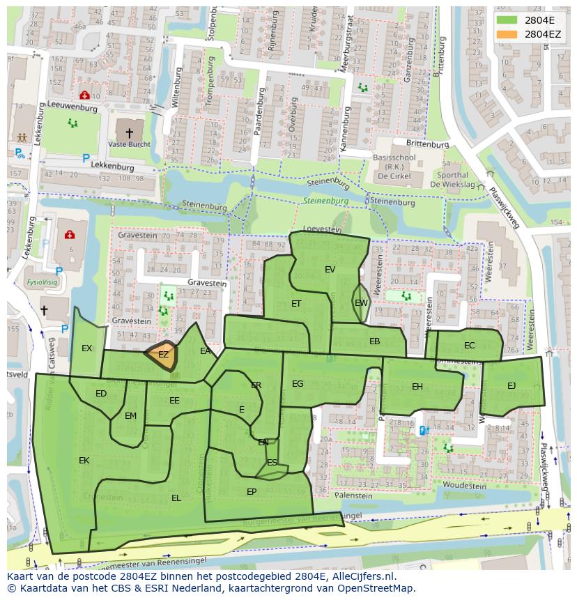 Afbeelding van het postcodegebied 2804 EZ op de kaart.