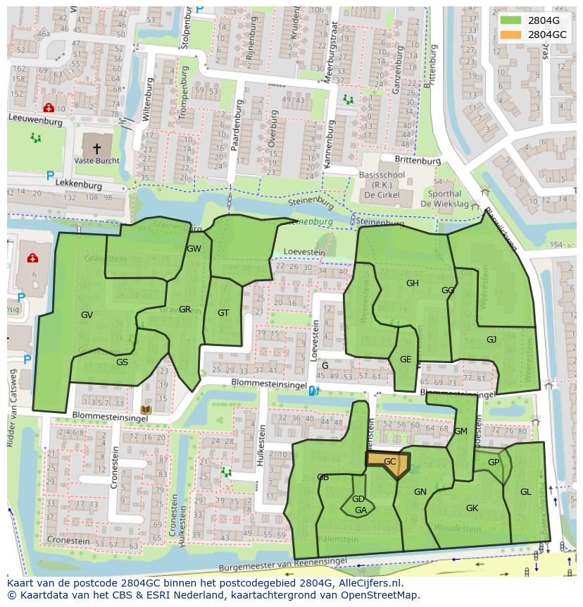 Afbeelding van het postcodegebied 2804 GC op de kaart.