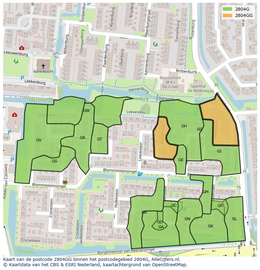 Afbeelding van het postcodegebied 2804 GG op de kaart.