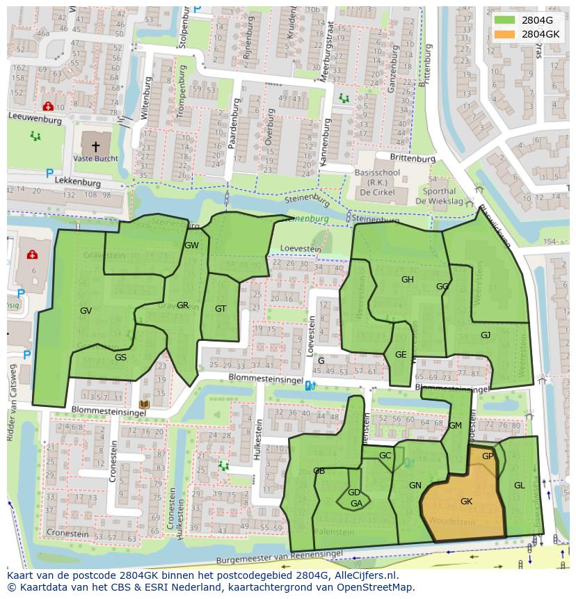 Afbeelding van het postcodegebied 2804 GK op de kaart.