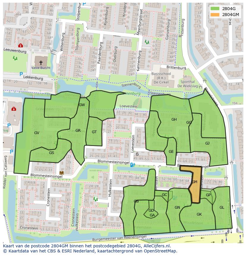 Afbeelding van het postcodegebied 2804 GM op de kaart.