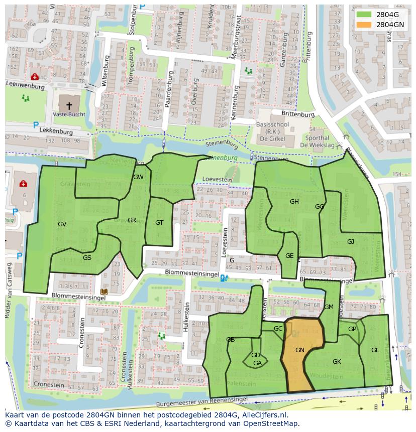 Afbeelding van het postcodegebied 2804 GN op de kaart.