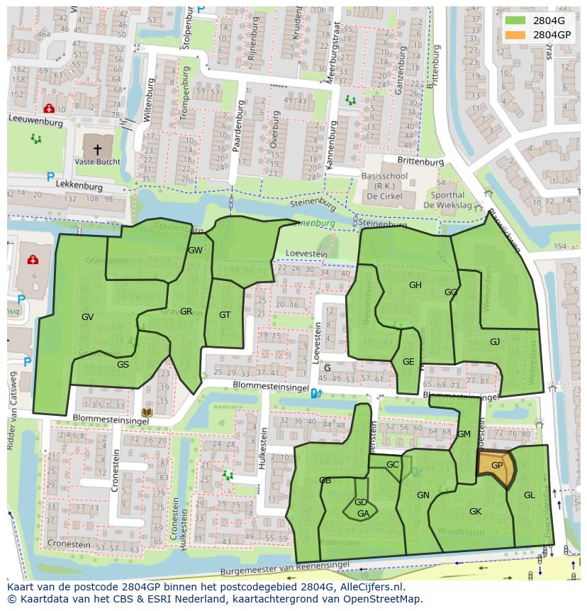 Afbeelding van het postcodegebied 2804 GP op de kaart.