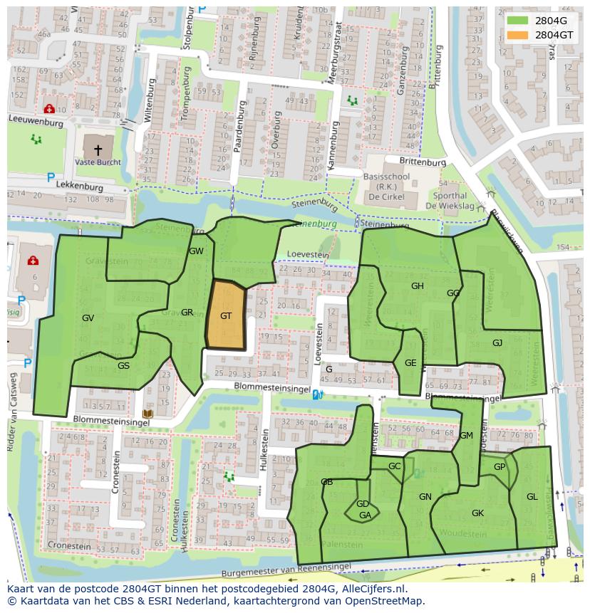 Afbeelding van het postcodegebied 2804 GT op de kaart.