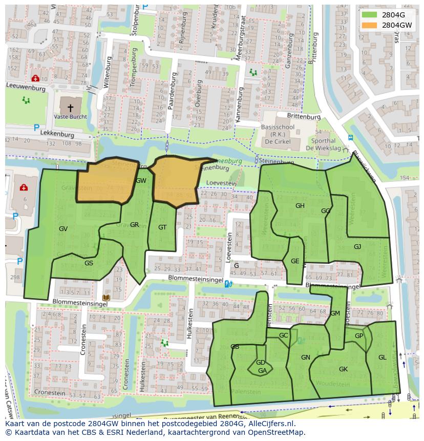 Afbeelding van het postcodegebied 2804 GW op de kaart.