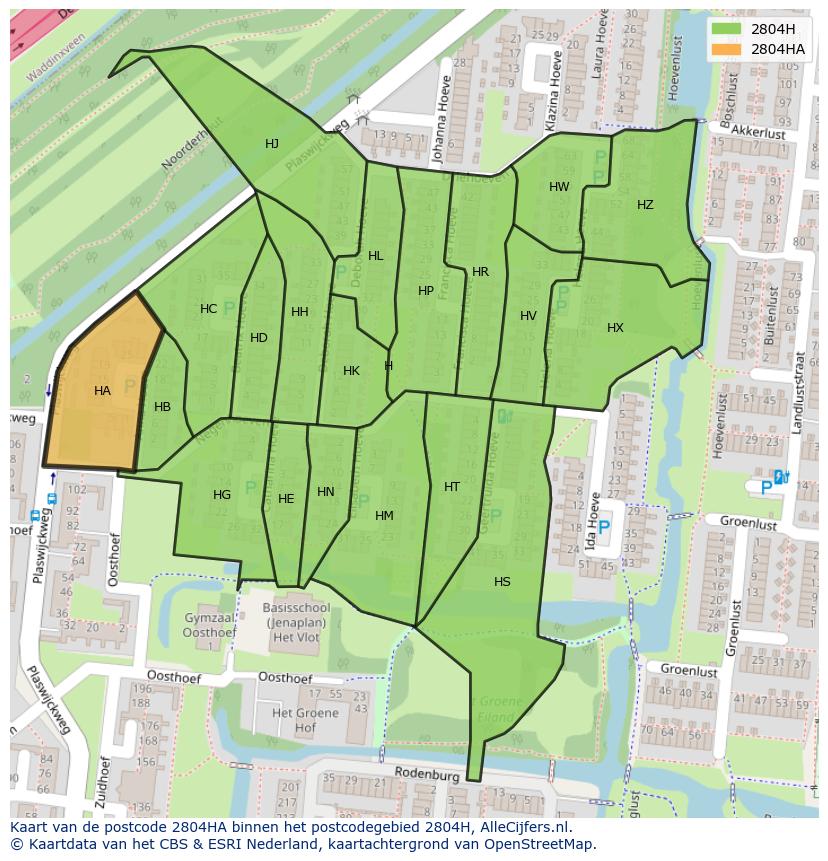 Afbeelding van het postcodegebied 2804 HA op de kaart.