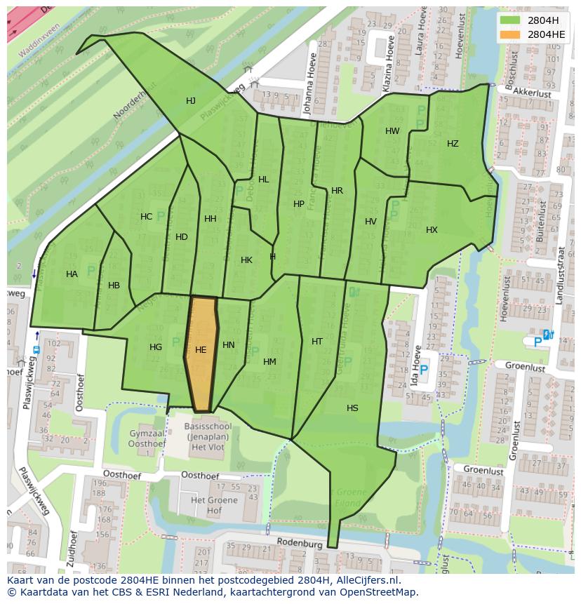Afbeelding van het postcodegebied 2804 HE op de kaart.