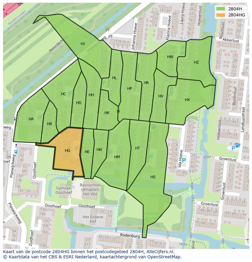 Afbeelding van het postcodegebied 2804 HG op de kaart.