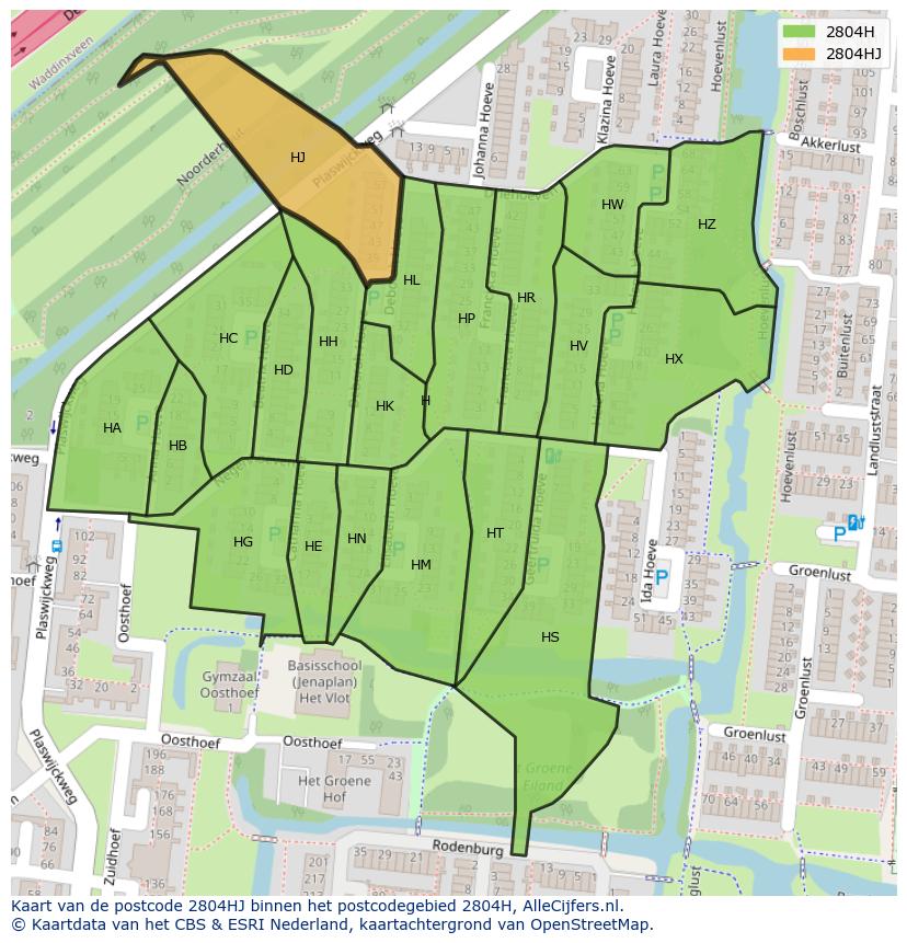 Afbeelding van het postcodegebied 2804 HJ op de kaart.