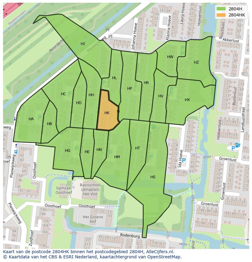 Afbeelding van het postcodegebied 2804 HK op de kaart.