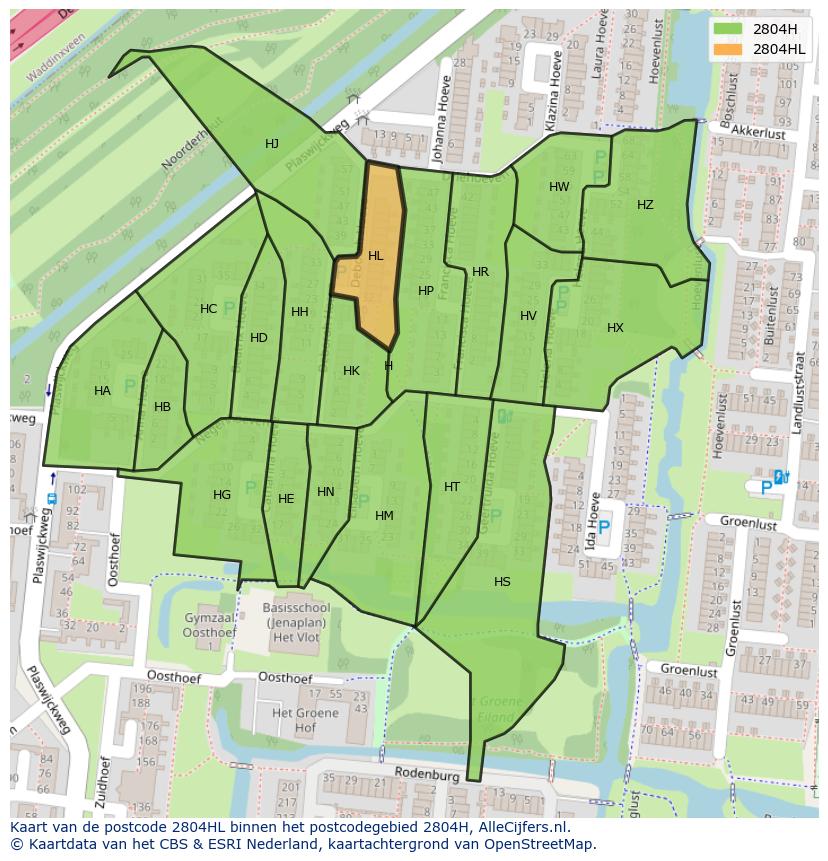 Afbeelding van het postcodegebied 2804 HL op de kaart.