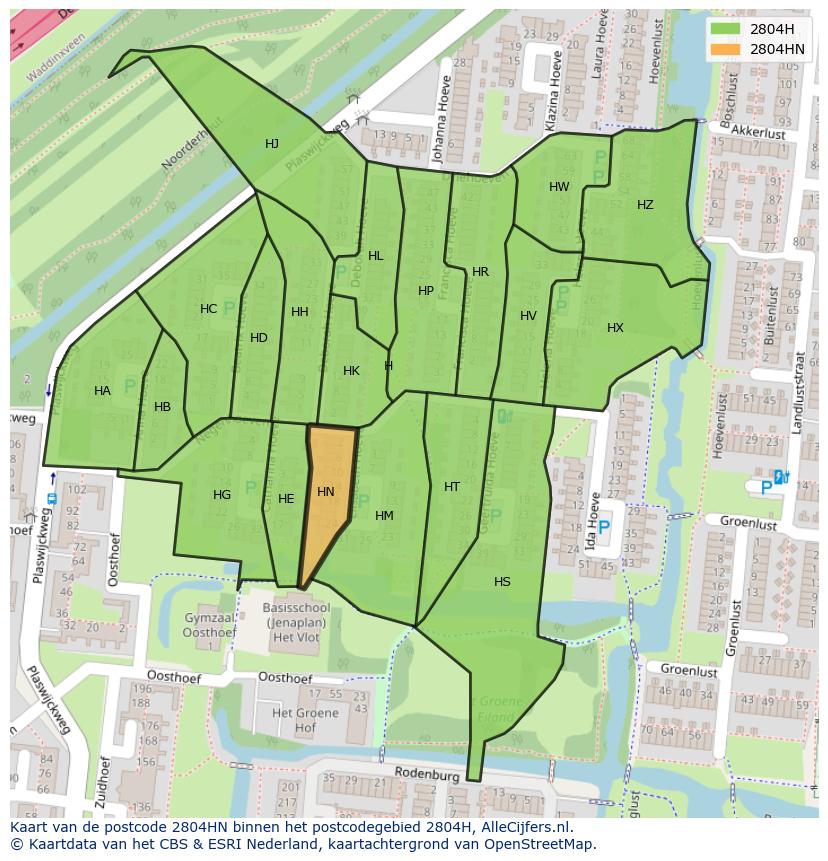 Afbeelding van het postcodegebied 2804 HN op de kaart.