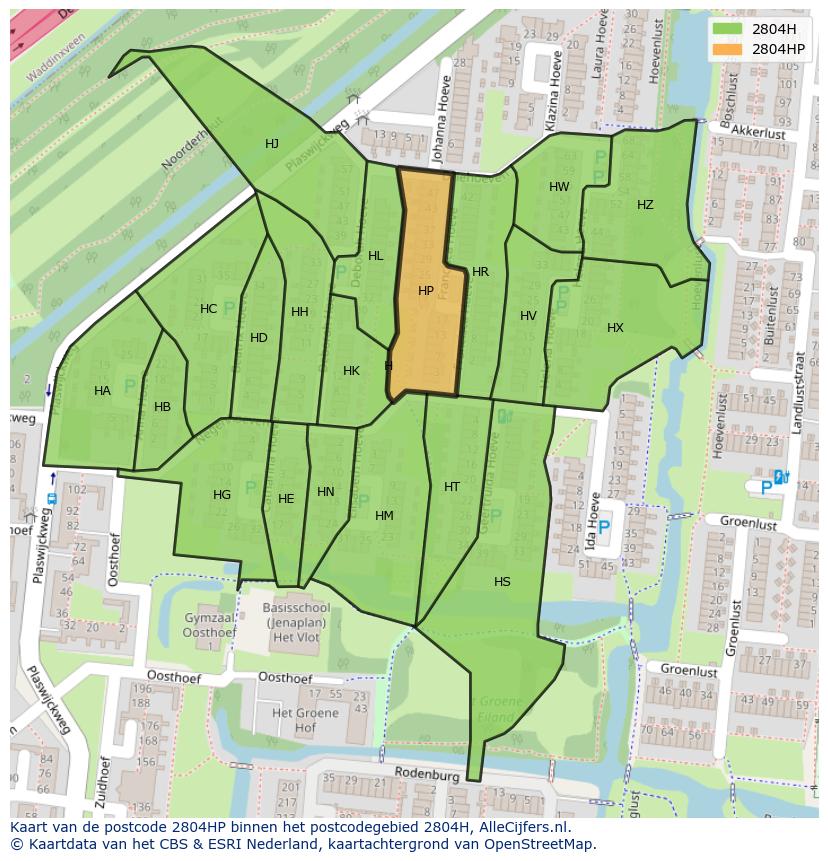 Afbeelding van het postcodegebied 2804 HP op de kaart.