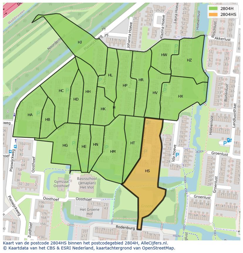 Afbeelding van het postcodegebied 2804 HS op de kaart.