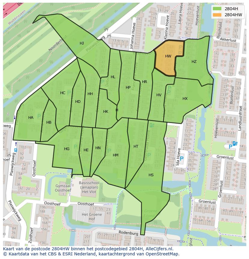 Afbeelding van het postcodegebied 2804 HW op de kaart.