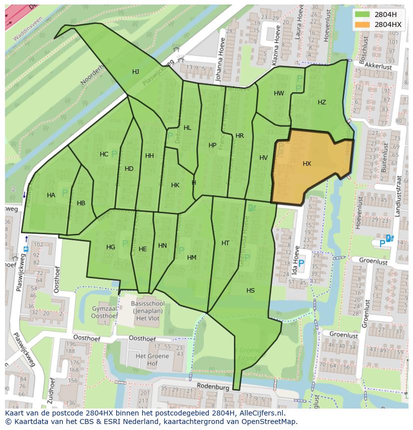 Afbeelding van het postcodegebied 2804 HX op de kaart.