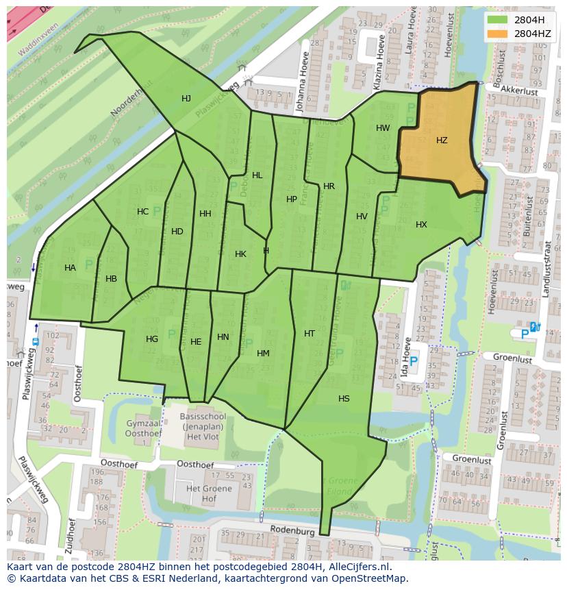 Afbeelding van het postcodegebied 2804 HZ op de kaart.