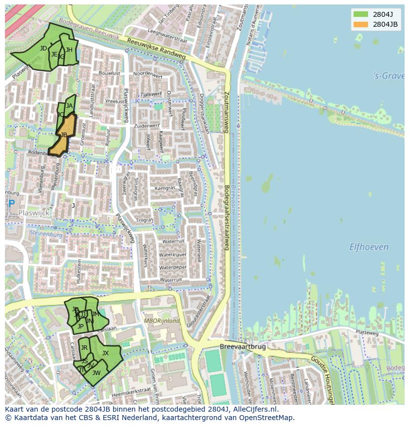 Afbeelding van het postcodegebied 2804 JB op de kaart.