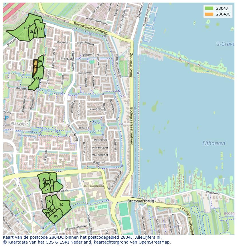 Afbeelding van het postcodegebied 2804 JC op de kaart.
