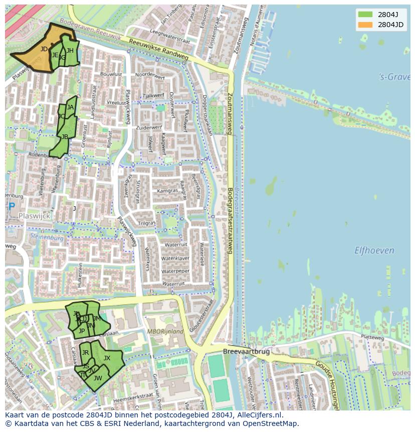 Afbeelding van het postcodegebied 2804 JD op de kaart.