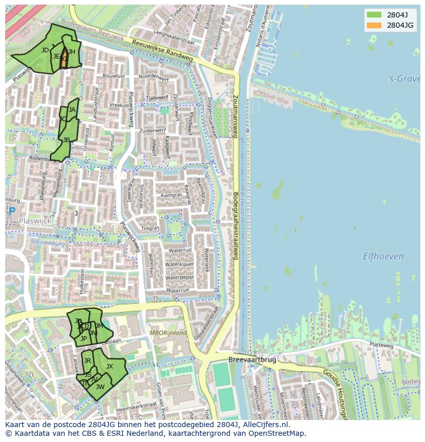 Afbeelding van het postcodegebied 2804 JG op de kaart.