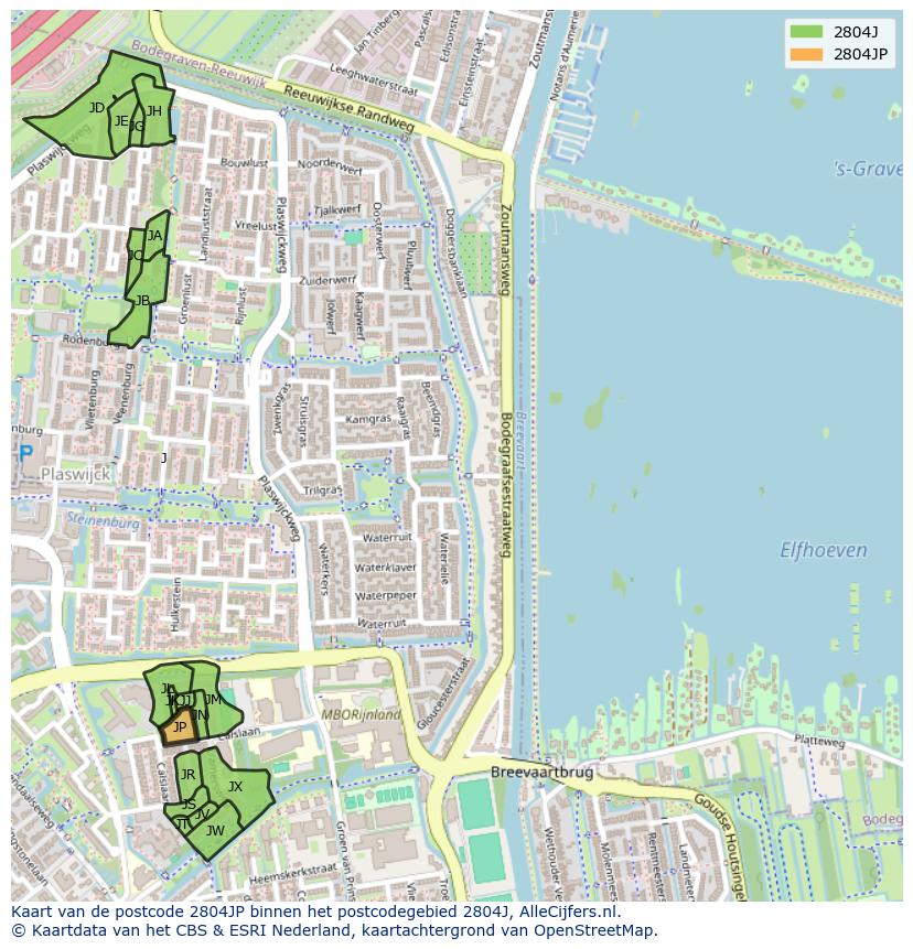 Afbeelding van het postcodegebied 2804 JP op de kaart.