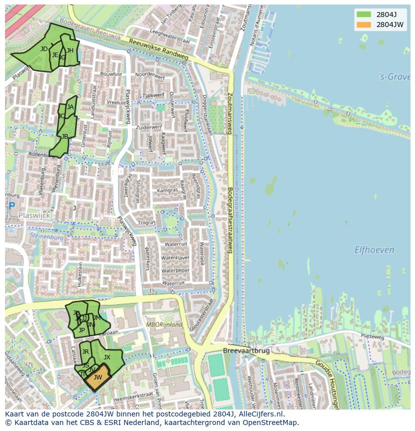 Afbeelding van het postcodegebied 2804 JW op de kaart.