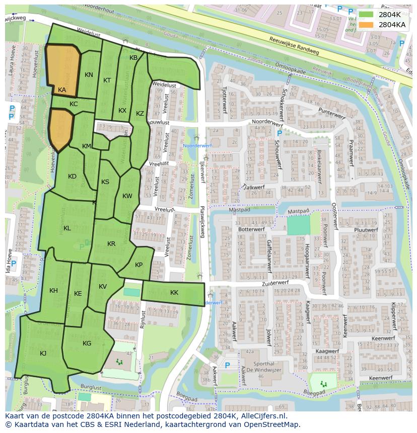 Afbeelding van het postcodegebied 2804 KA op de kaart.