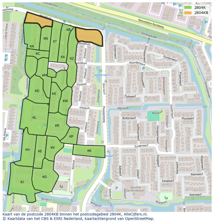 Afbeelding van het postcodegebied 2804 KB op de kaart.