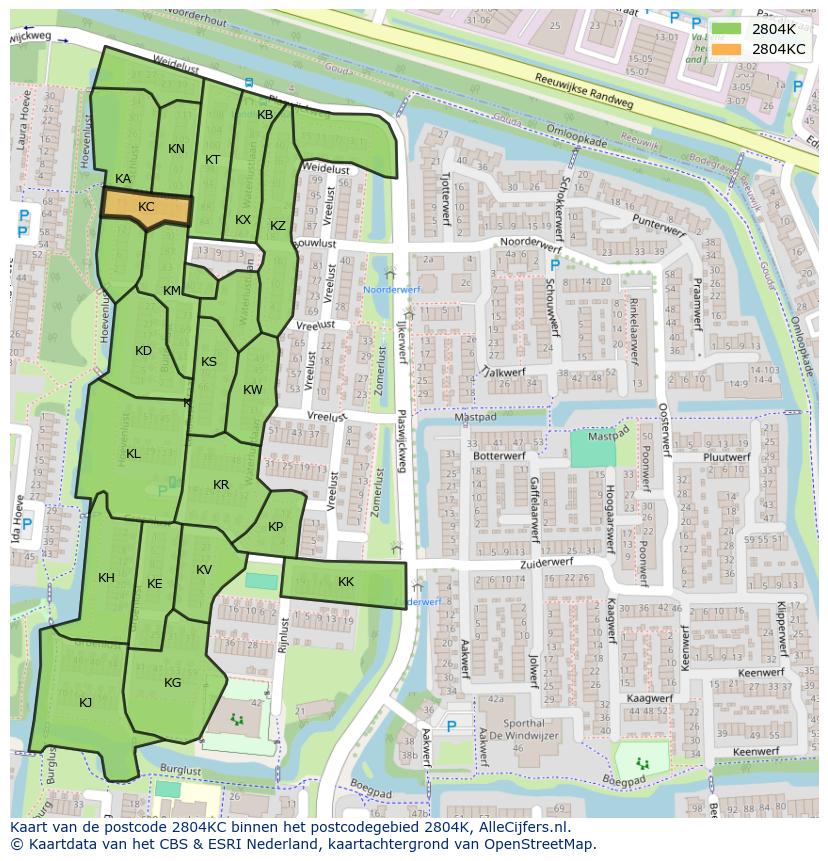 Afbeelding van het postcodegebied 2804 KC op de kaart.