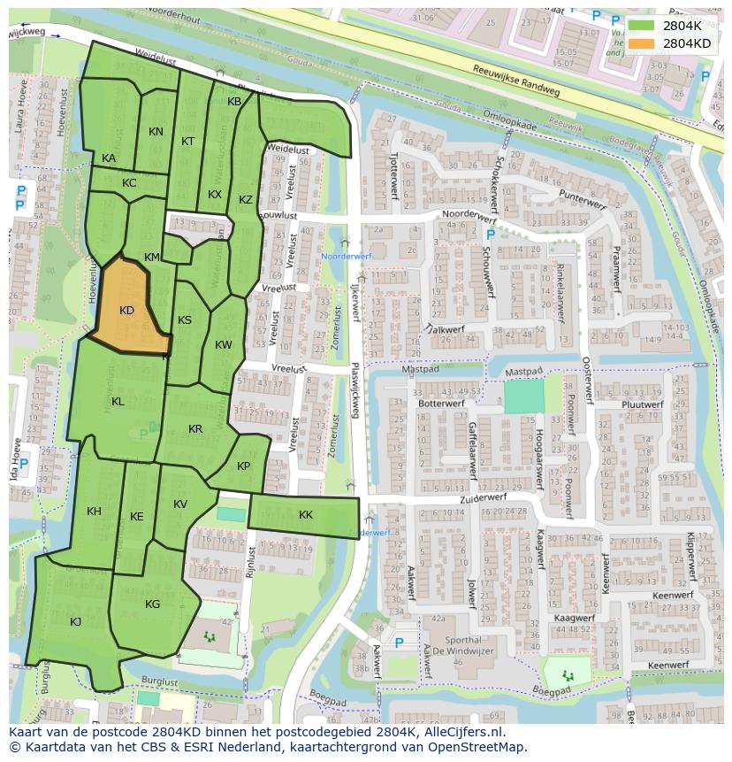 Afbeelding van het postcodegebied 2804 KD op de kaart.