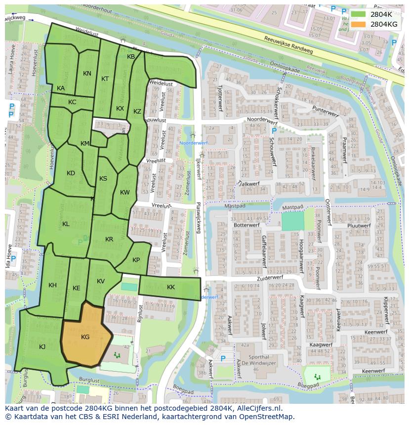 Afbeelding van het postcodegebied 2804 KG op de kaart.