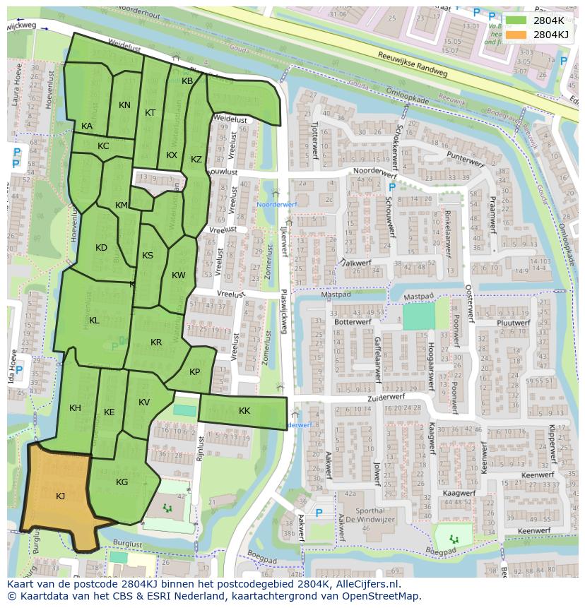 Afbeelding van het postcodegebied 2804 KJ op de kaart.