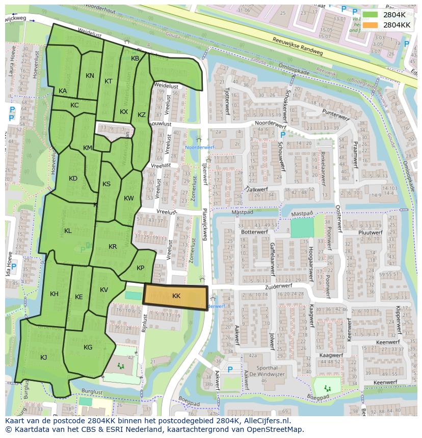 Afbeelding van het postcodegebied 2804 KK op de kaart.