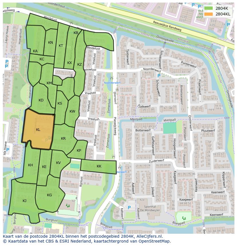 Afbeelding van het postcodegebied 2804 KL op de kaart.