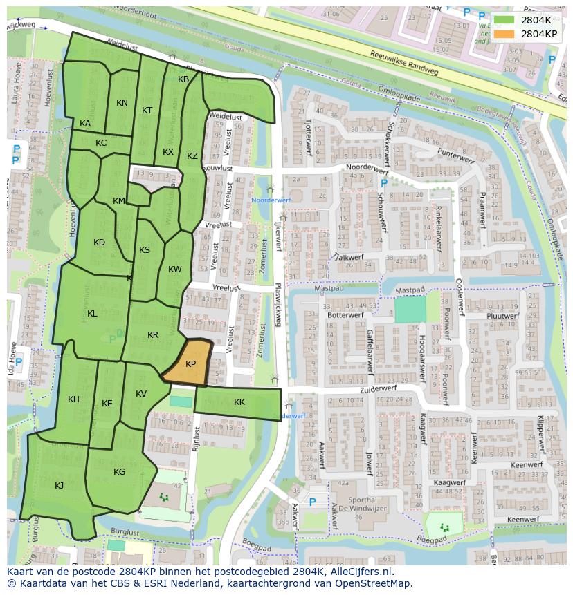 Afbeelding van het postcodegebied 2804 KP op de kaart.
