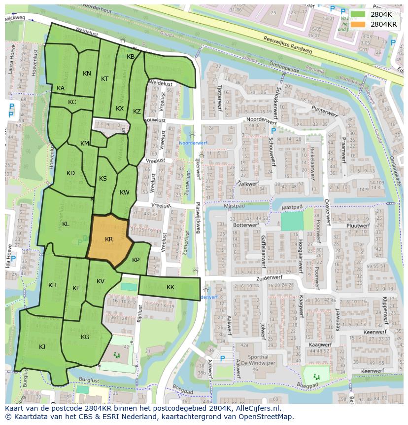 Afbeelding van het postcodegebied 2804 KR op de kaart.