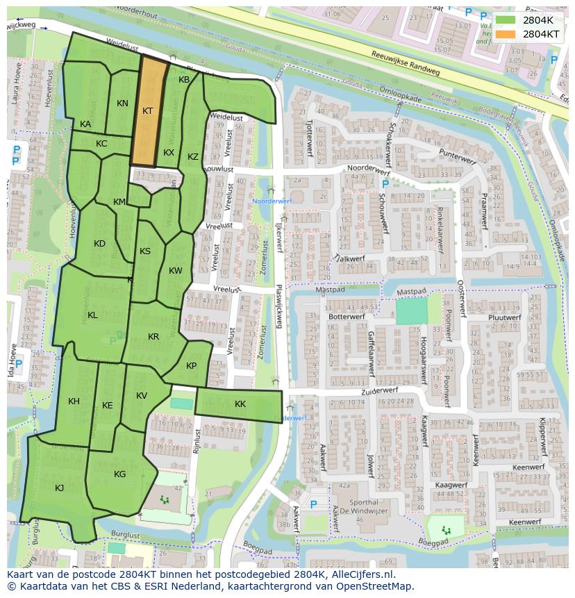Afbeelding van het postcodegebied 2804 KT op de kaart.