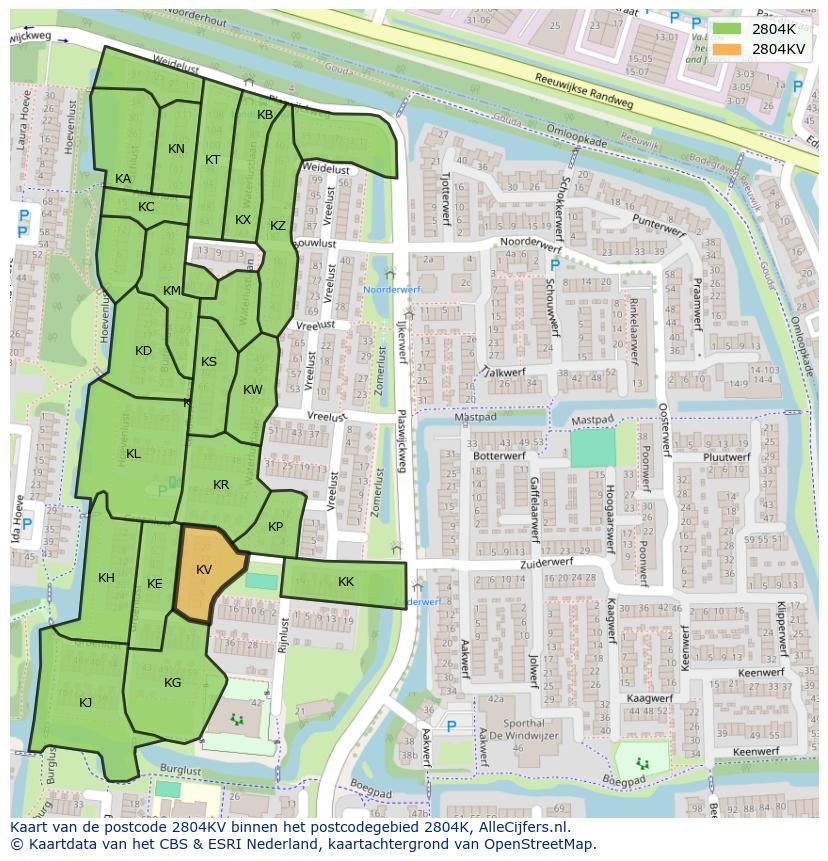 Afbeelding van het postcodegebied 2804 KV op de kaart.