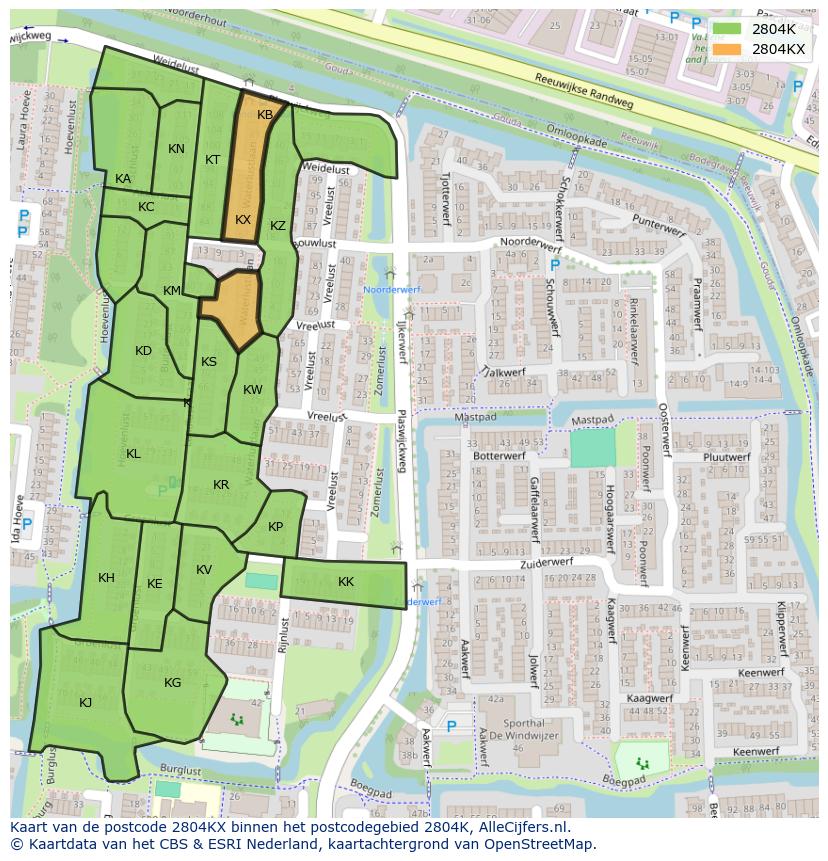 Afbeelding van het postcodegebied 2804 KX op de kaart.