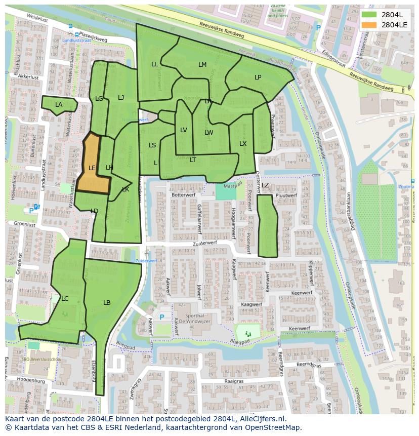 Afbeelding van het postcodegebied 2804 LE op de kaart.