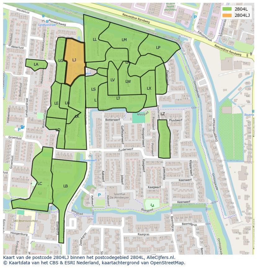 Afbeelding van het postcodegebied 2804 LJ op de kaart.