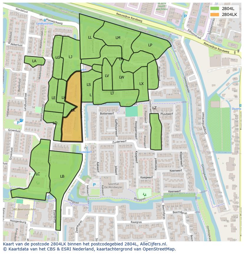 Afbeelding van het postcodegebied 2804 LK op de kaart.