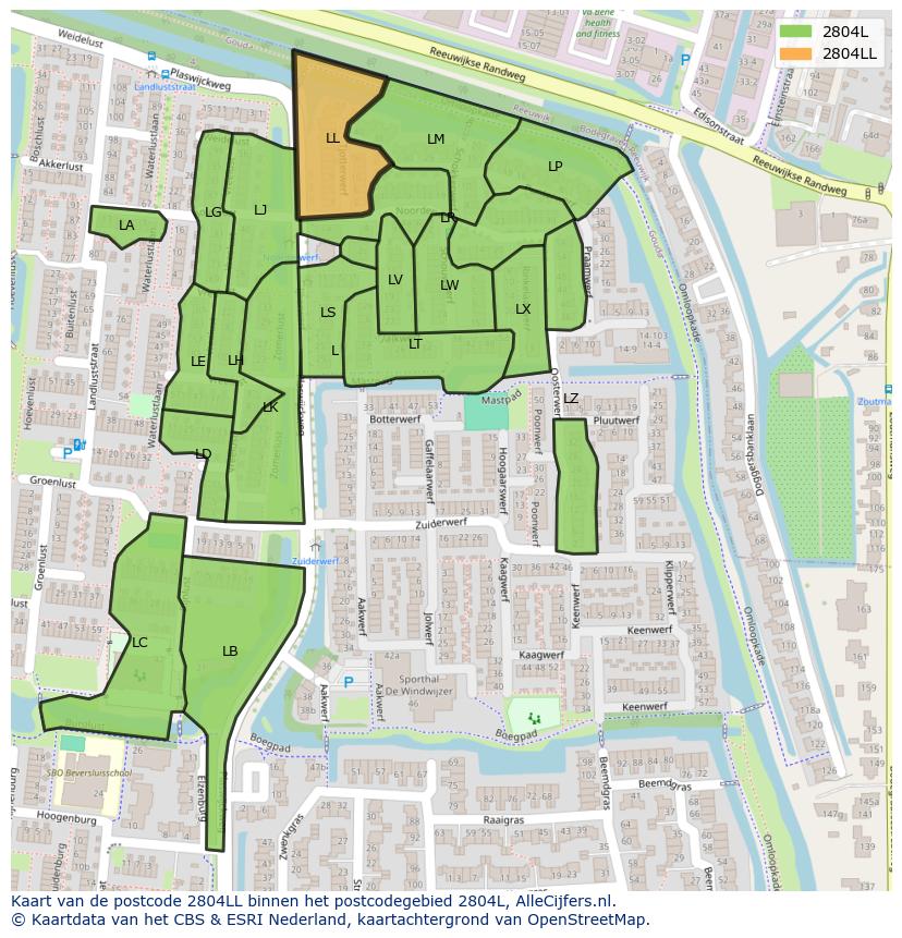 Afbeelding van het postcodegebied 2804 LL op de kaart.