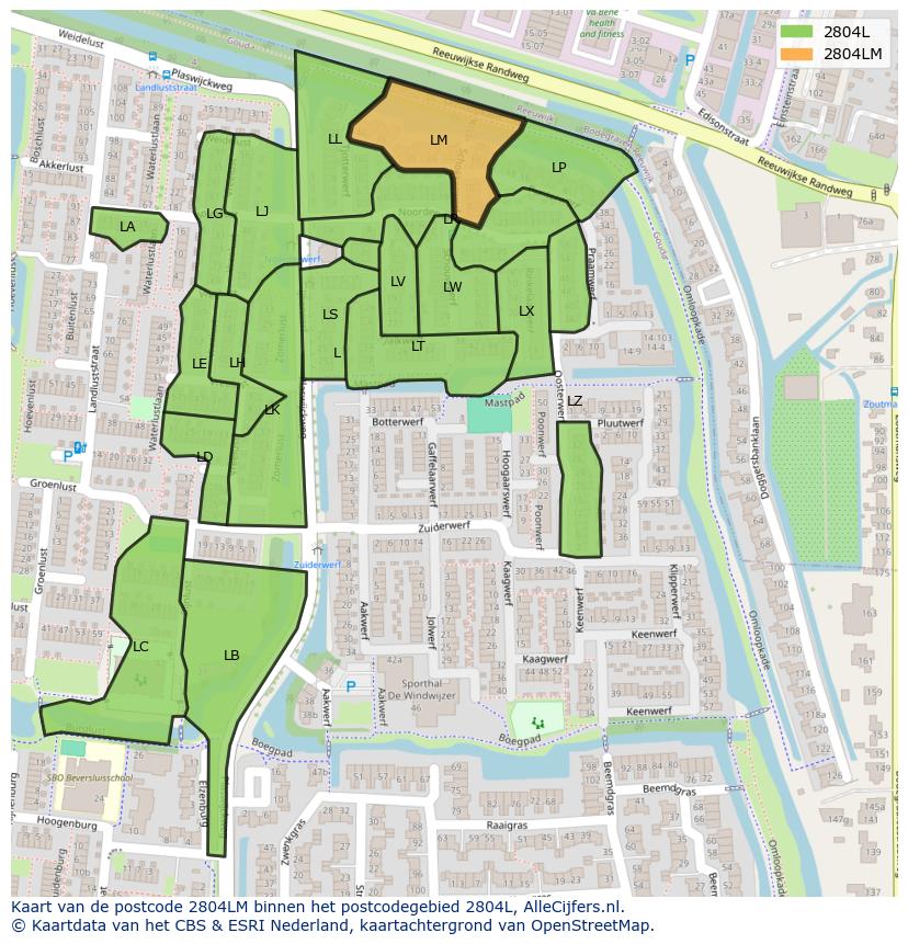 Afbeelding van het postcodegebied 2804 LM op de kaart.