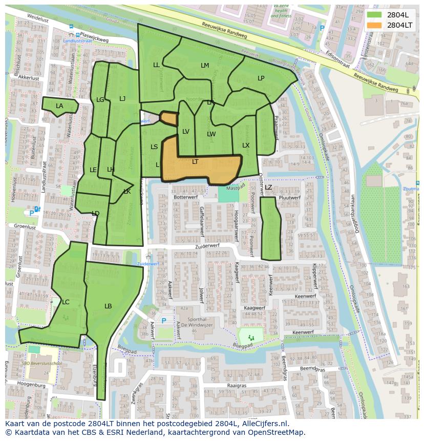 Afbeelding van het postcodegebied 2804 LT op de kaart.