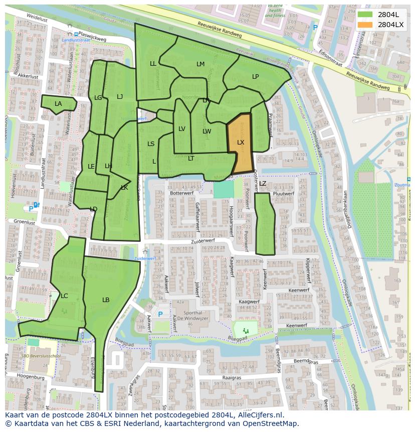 Afbeelding van het postcodegebied 2804 LX op de kaart.