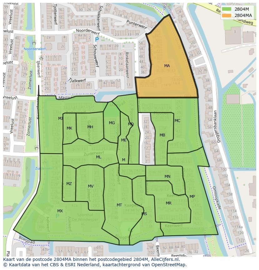 Afbeelding van het postcodegebied 2804 MA op de kaart.